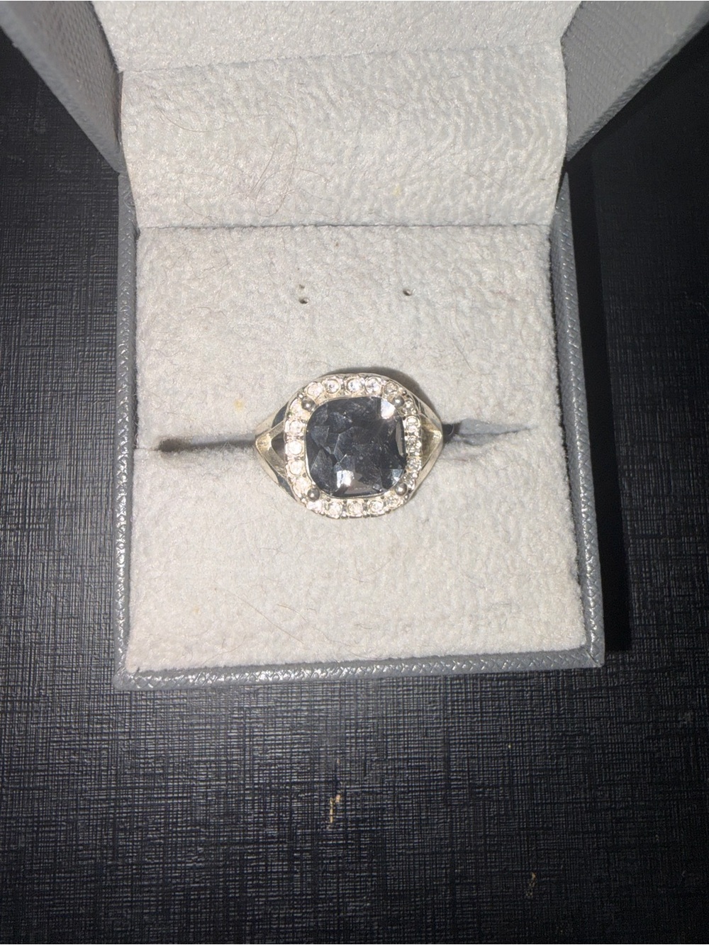 Sterling Silver Halo Ring with Dark Gray Center Stone